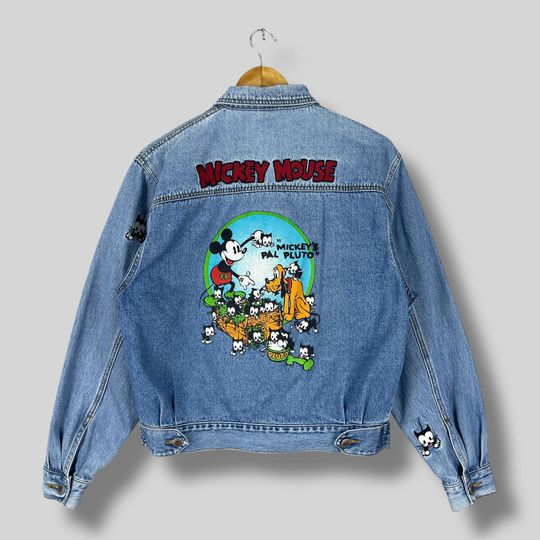 Discover Vintage MICKEY & CO Denim Jacket Medium 90's Mickey Mouse Pal's Pluto Cartoons Back Hit Printed Disney Blue Denim Trucker Jacket Size M