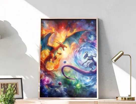 Discover PKM Poster, Charizard Poster, Mewtwo Poster, Watercolor Charizard