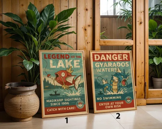 Magikarp & Gyarados Poster Set, PKM Wall Art, Retro Warning Sign