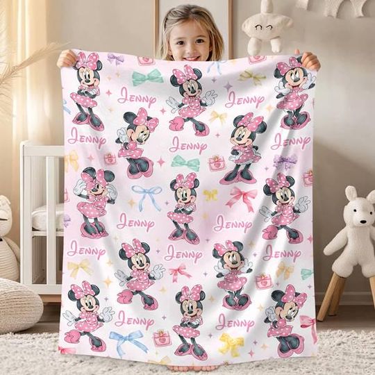 Discover Personalized Watercolor Minnie Mouse Blanket, Custom Name Disneyland Minnie Blanket