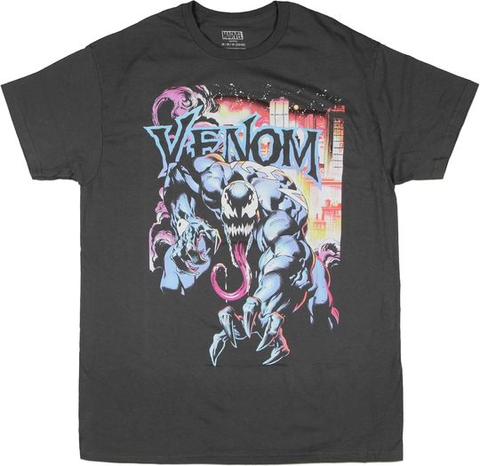 Discover Marvel Venom Men's City in Flames Pastel Hues Adult Graphic Print Short Sleeve T-Shirt