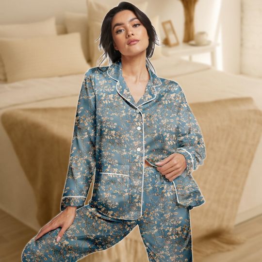 Discover Blossom Satin Pajama Set for Women, Teal and Gold Floral Sleepwear, Van Gogh Inspired Long Sleeve PJs, Silky Elegant Loungewear
