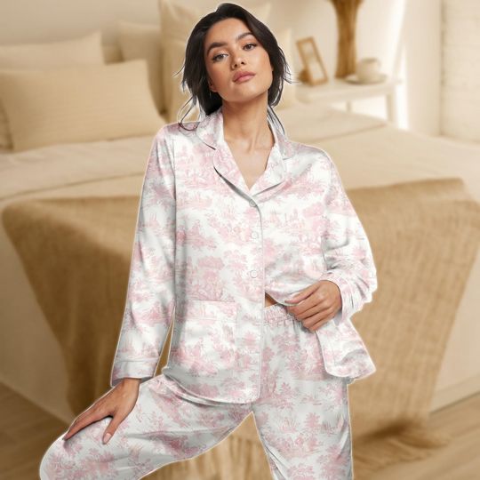 Discover Toile Pink Satin Pajama Set for Women, French Country Print Sleepwear, Long Sleeve Silky Loungewear