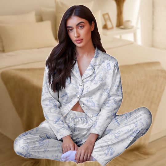 Discover Toile Satin Pajama Set for Women, Fairytale Print Long Sleeve Sleepwear, Soft Silky Lounge Set, Elegant Nightwear Gift