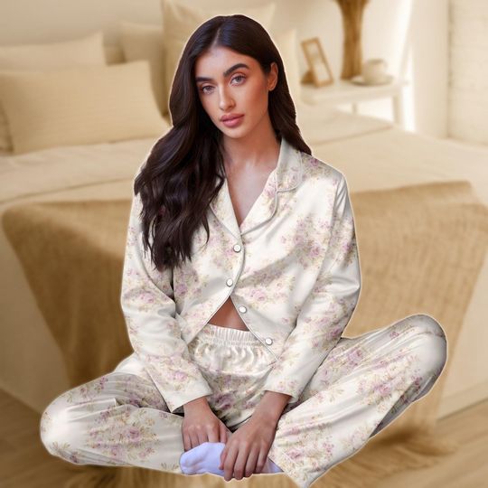Discover Floral Satin Pajama Set for Women, Rose Print Sleepwear, Elegant Long Sleeve Loungewear, Silky Two Piece Set, Gift For Her