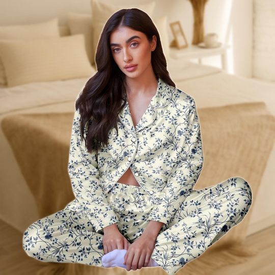 Discover Floral Satin Pajama Set for Women, Cream and Navy Blue Botanical Print Sleepwear, Long Sleeve Loungewear