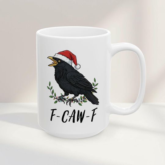 F-CAW-F Christmas Mug, Funny Crow F off Meme, Sarcastic Raven Bird Crow Gothic Humor Cup for Holidays, Raven Lover Gift
