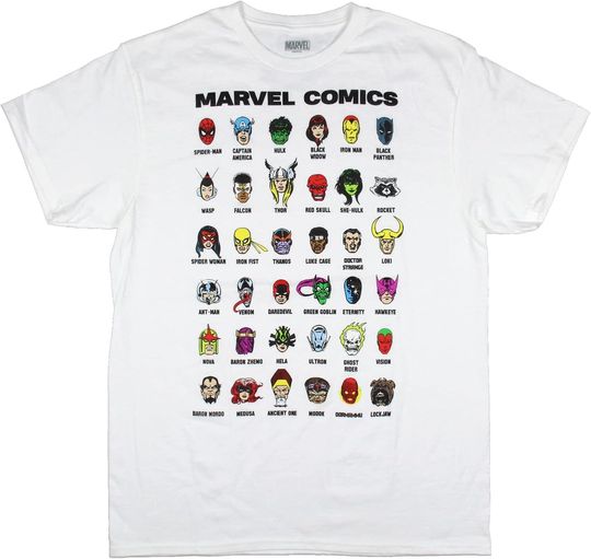Discover Marvel Comics Mens' Character Face and Name Cheat Sheet Graphic T-Shirt