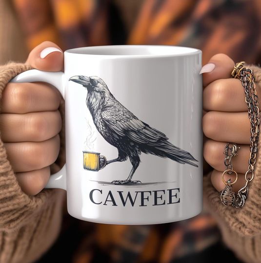 Discover Funny 'CAWFEE' Crow Coffee Mug - Quirky Bird Art Cup