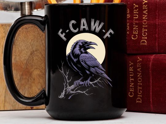 Discover F-CAW-F Crow Lover Mug, Raven Moon Art Coffee Cup, Gothic Bird Design, Spooky Halloween Gift, Unique Nature Fan Tea Mug, Dark Academia Mug