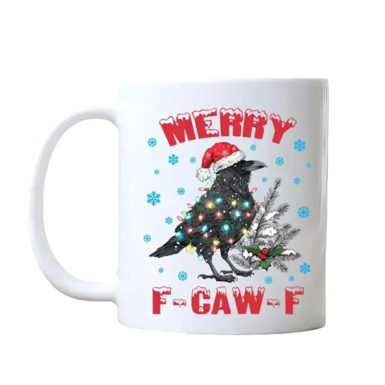 Discover Merry F-Caw-F Christmas Mug – Funny Crow Coffee Cup – Holiday Gag Gift 11oz