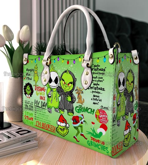 Discover Funny Character Personalized Leather Handbag, Christmas Woman Shoulder Bag