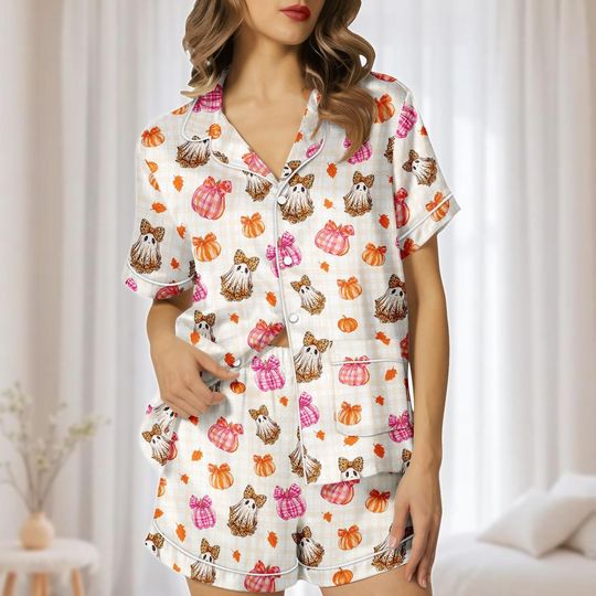 Discover Halloween Ghost Satin Short Pajamas Set with Pockets, Pumpkin and Plaid PJs Set, Halloween Sleepwear