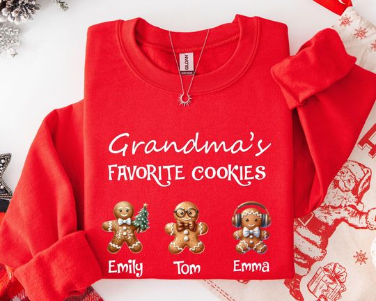 Discover Grandmas Favorite Cookies Sweatshirt, Personalized Gingerbread Christmas Shirt with Grandchild Names, Christmas Gift for Grandma