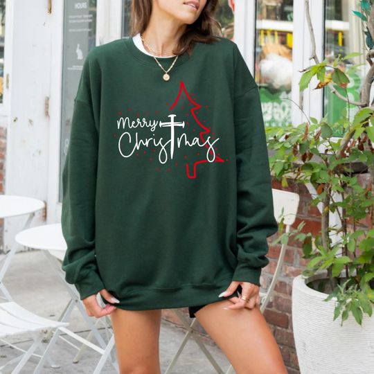 Discover Christmas Tree Sweatshirt, Merry Christmas Hoodie, Jesus Shirt, Christian Sweatshirt, Christmas Gift Women, Xmas Faith Sweatshirt