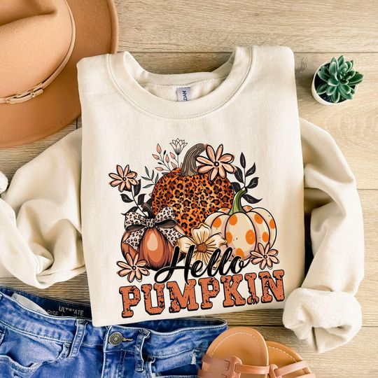 Discover Hello Pumpkin Sweatshirt, Leopard Coquette Floral Pumpkin Shirt, Thanksgiving Vacation Hoodie, Thanksgiving Dinner Shirt, Pumpkin Season Tee