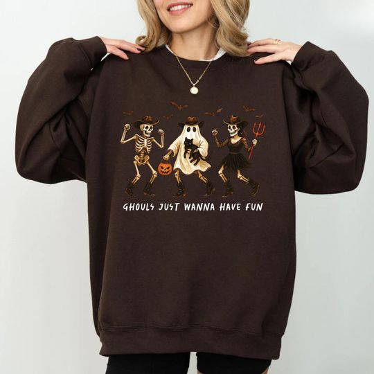 Discover Ghouls Just Wanna Have Fun Sweatshirt, Halloween Skeleton Ghost Cat Western Shirt, Fall Cowgirl Witch T-Shirt, Spooky Season Gift