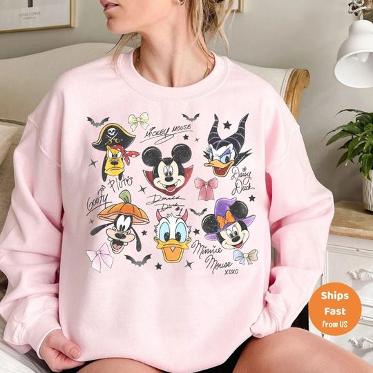 Discover Retro Disney Halloween Hoodie, Disney Coquette Bow Halloween Sweatshirt, Mickey & Friends Not So Scary Party Family Matching Fall Crewneck