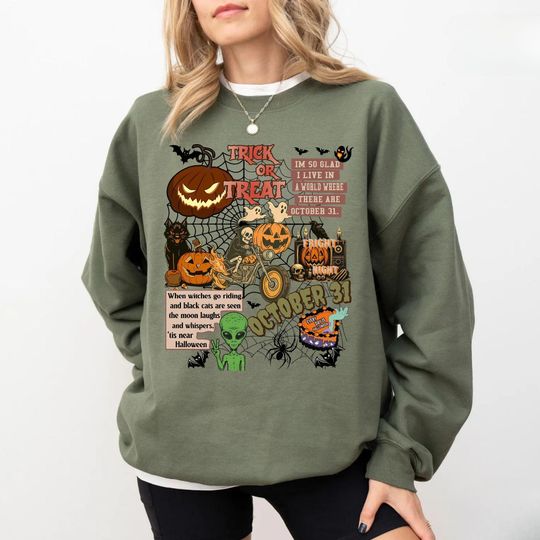 Discover Halloween Collage Sweatshirt, Retro Halloween Shirt, Spooky Season Ghost Sweater, Halloween Cute Outfit, Halloween Gift, October 31 Sweater