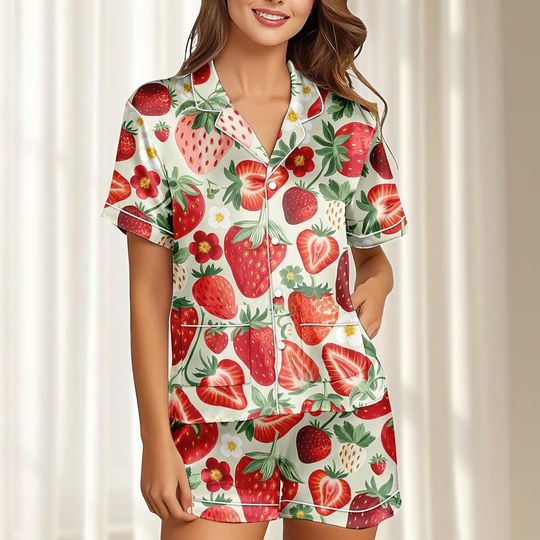 Strawberry Satin Pajamas Set with Pocket, Fruit Summer Sleepwear, Short Sleeve Loungewear, Matching Pajamas for Women