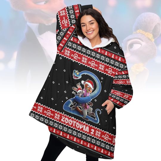 Discover Zootopia 2 Christmas Hoodie Blanket, Funny Disney Wearable Blanket, Nick and Judy Hoodie Oversize Gift, Cozy Holiday Gift for Fans