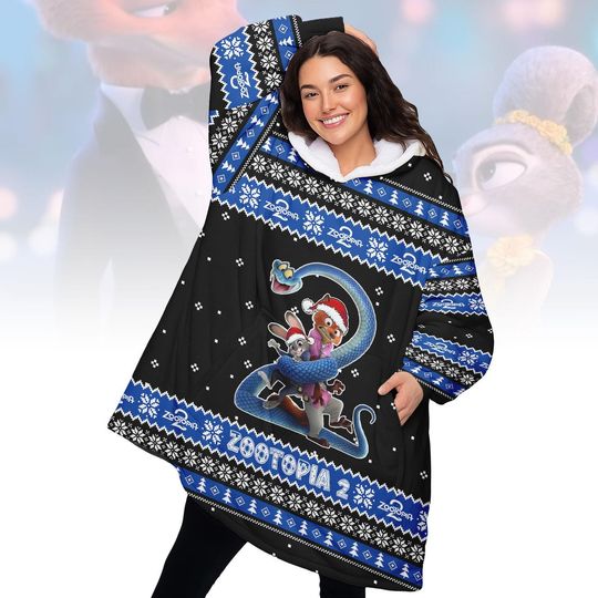 Discover Zootopia 2 Blue Christmas Hoodie Blanket, Cute Disney Wearable Blanket, Nick and Judy Movie Hoodie, Cozy Holiday Gift for Men Women