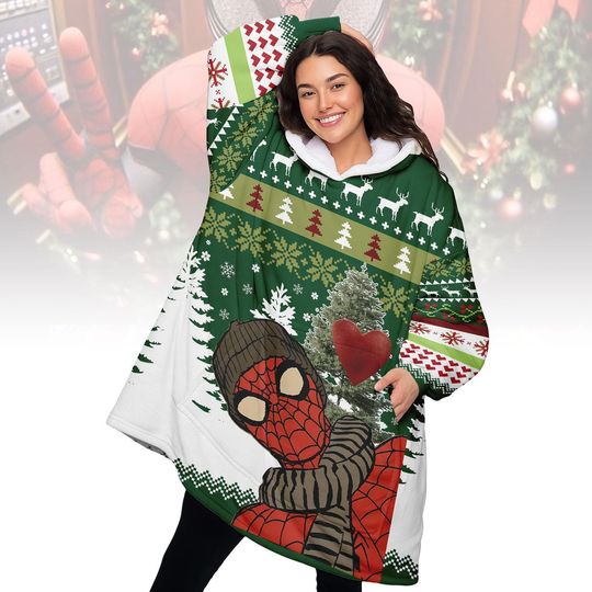 Spider-Man Christmas Hoodie Blanket, Xmas Holiday Wearable Blanket, Cozy Superhero Xmas Gift for Men and Women, Oversize Hoodie Gift
