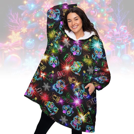 Discover Neon Tiger Hoodie Blanket, Glow in the Dark Holiday Wearable Blanket, Cozy Oversized Wearable Blanket, Warm Xmas Gift for Women