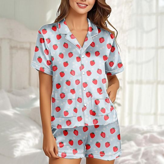 Strawberry Satin Pajama Short Set for Women, Sleepwear & Loungewear, Summer Lounge Set, Gift for Her
