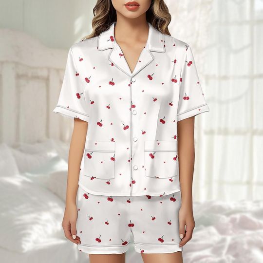 Discover Cherry Satin Pajama Short Set, Cute Heart Pjs For Women, Summer Satin Sleepwear, Romantic Loungewear, Matching Pj Set, Gift For Her