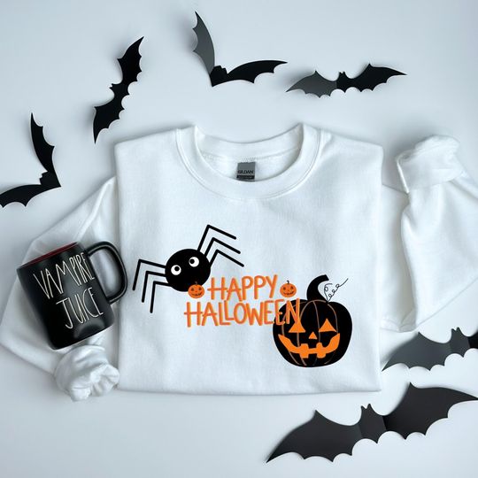 Discover Cute Halloween Sweatshirt - Happy Halloween Spider Pumpkin Shirt