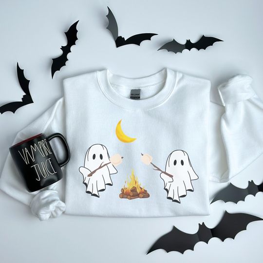 Discover Cute Ghost Halloween Sweatshirt, Cozy Fall Pullover with Ghosts and Campfire