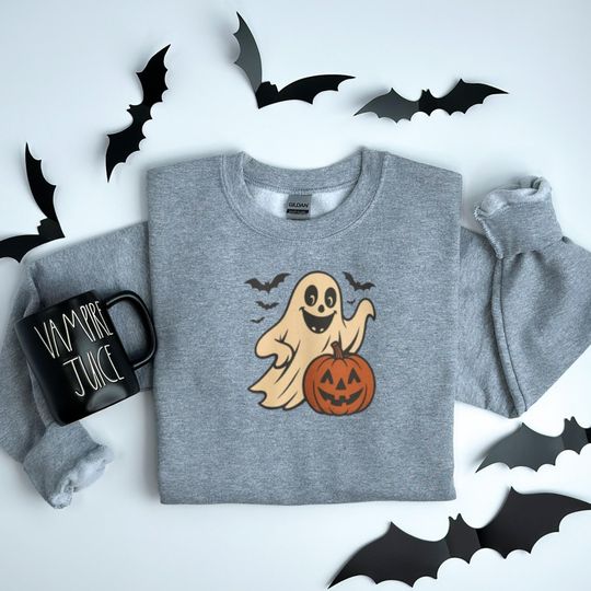 Discover Cute Ghost Halloween Sweatshirt - Spooky Pumpkin Fall Pullover - Cozy October Sweater