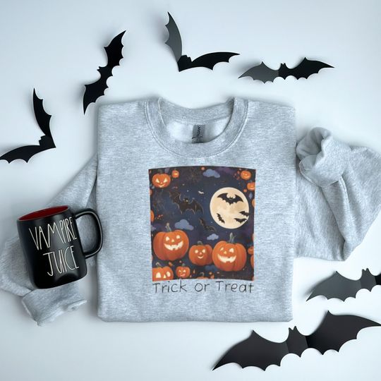 Discover Trick or Treat Halloween Sweatshirt - Pumpkin Bat Moon Pullover - Spooky Cozy Fall Shirt