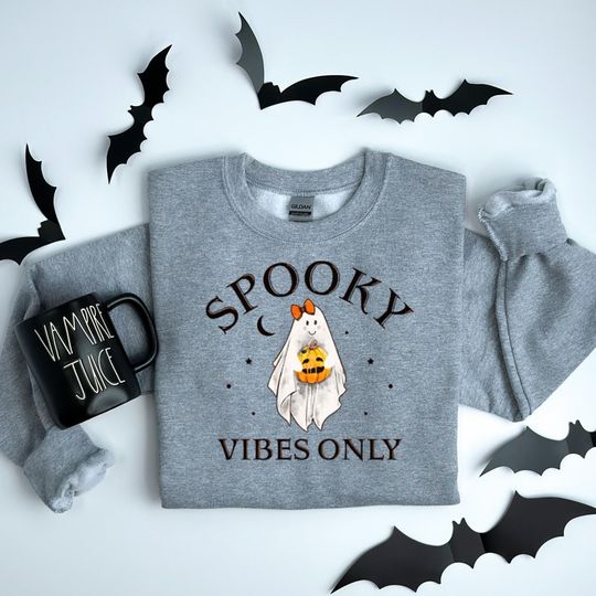 Discover Spooky Vibes Only Sweatshirt  Cute Ghost Halloween Pullover for Fall