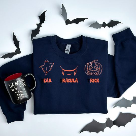 Discover Fear Dracula Trick Halloween Sweatshirt Funny Ghost, Fangs & Pumpkin Design
