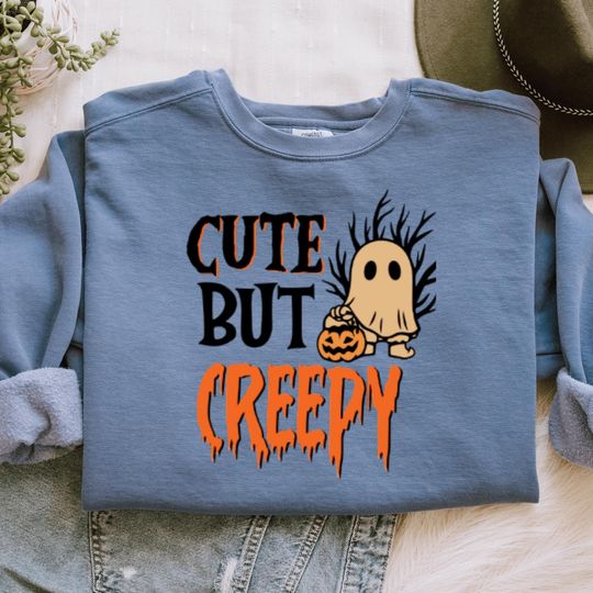 Discover Cute But Creepy Halloween Sweatshirt Spooky Ghost and Pumpkin Fall Pullover