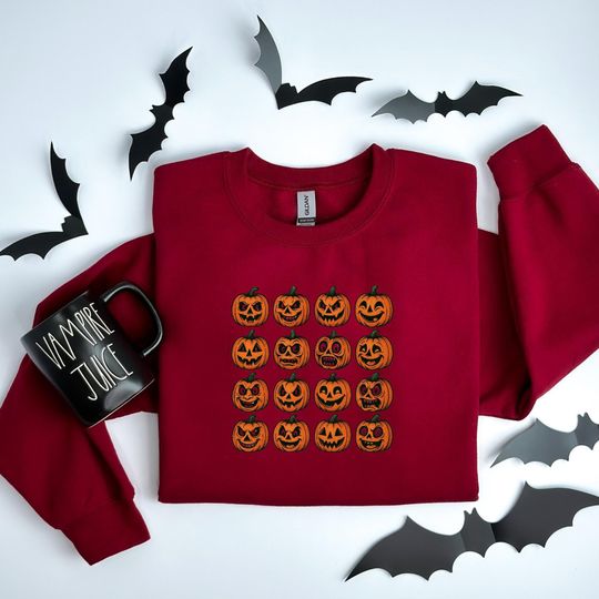 Discover Vintage Halloween Pumpkin Faces Sweatshirt - Cozy Fall Pullover