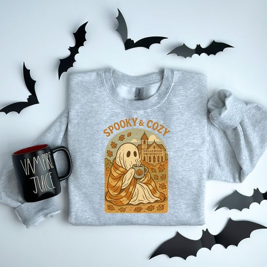Discover Spook and Cozy Halloween Sweatshirt Cute Ghost with Pumpkin Mug Fall Autumn Sweater