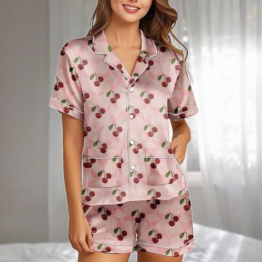 Discover Cherry Satin Pajamas Set, Pink Retro Fruit Pattern Short Sleepwear, Cute Girly Loungewear, Family Matching Pajamas, Gift For Her