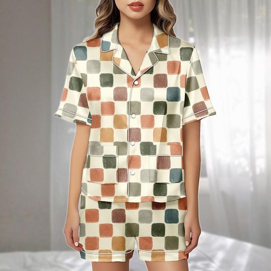 Discover Retro Checkered Satin Pajamas Set, Colorful Square Print Sleepwear, Artistic Minimal Loungewear, Cute Matching Pajamas, Funny Gift