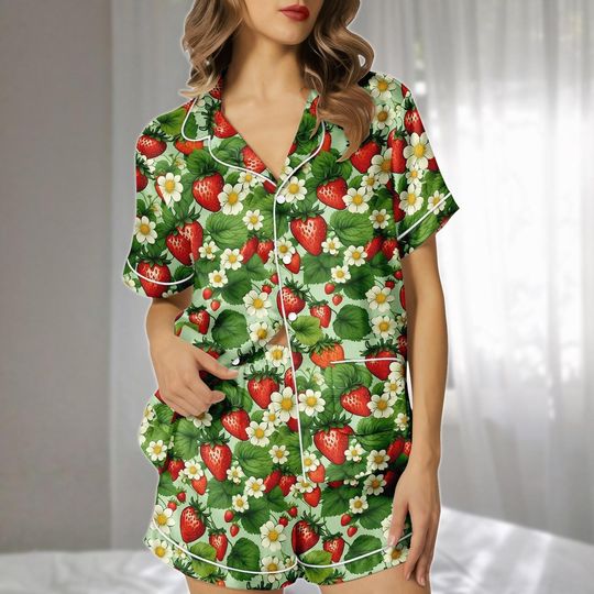 Strawberry Floral Satin Short Pajama Set with Pocket, Summer Fruit Print Sleepwear, Garden Loungewear, Matching Pajamas for Women