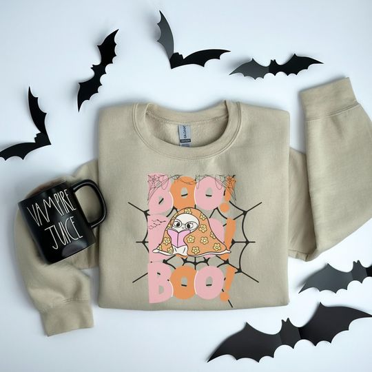 Discover Boo! Ghost Reading Sweatshirt Cute Halloween Ghost & Pumpkin Crewneck