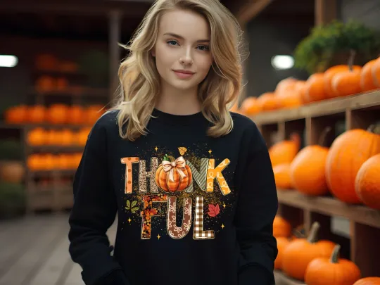Discover Thankful Thanksgiving Hoodie Sweatshirt Womens Fall Graphic Cozy Sweater Gift