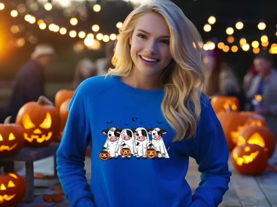 Discover Halloween Ghost Cows Hoodie Sweatshirt Spooky Season Funny Cute Cow Lovers Gift