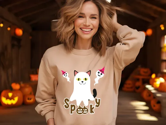 Discover Ghost Halloween Hoodie Sweatshirt Cute Funny Spooky Season Womens Crewneck Gift
