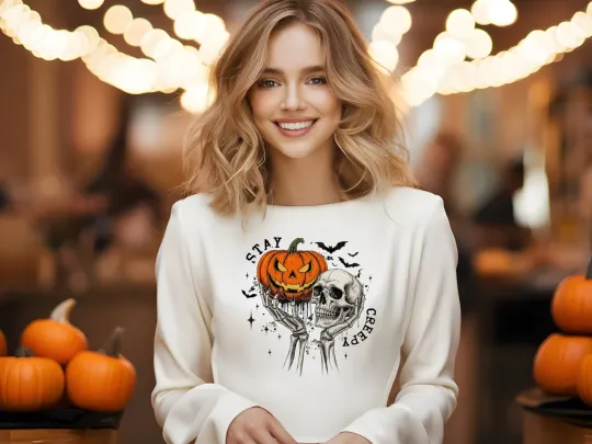 Discover Womens Halloween Hoodie Sweatshirt Skull Pumpkin Hands Funny Cute Spooky Gift