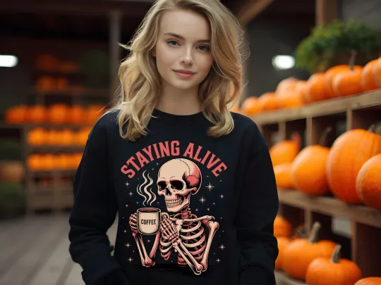Discover Staying Alive Skeleton Hoodie Sweatshirt Funny Spooky Season Halloween Crewneck