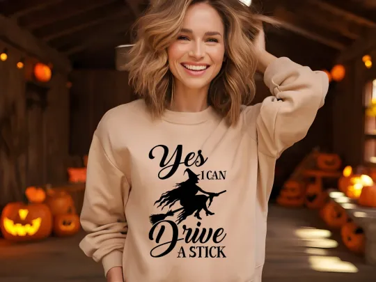 Discover Funny Halloween Witch Hoodie Sweatshirt Yes I Can Drive A Stick Spooky Gift