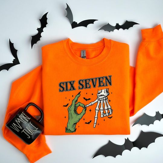 Discover Six Seven 6 7 Meme Funny Witch Skeleton Hands Funny Halloween Bones Clipart, Spooky Season Sublimation Design, Retro Halloween,Halloween Tee